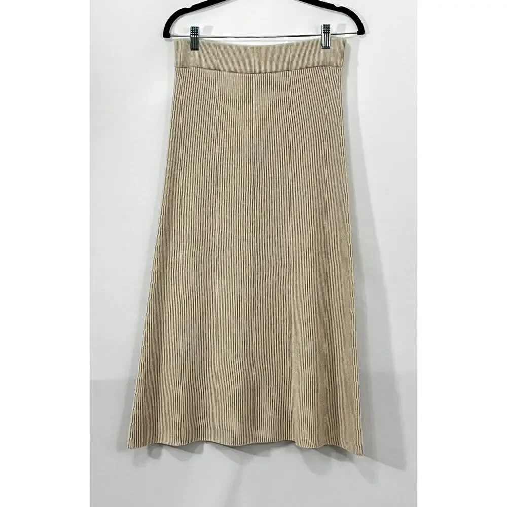 SEZANE M Medium Naelle Skirt Ribbed Beige Natural Midi Length Merino Cotton NWT - Picture 7 of 10